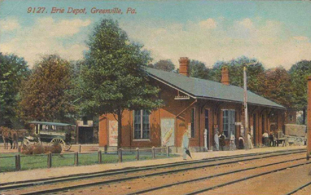 Color postcard of a brick railroad depot. Greenville, Pa., works to save depot.