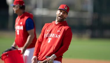 Philadelphia Phillies Bryce Harper, right interacts with coach, Don Mattingly during the first full-squad workout of spring training Monday, Feb. 16, 2026, at BayCare Ballpark in Clearwater, Florida.