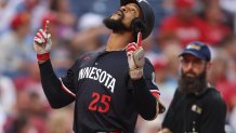 Sep 27, 2025; Philadelphia, Pennsylvania, USA; Minnesota Twins outfielder Byron Buxton (25) reacts to his home run during the first inning against the Philadelphia Phillies at Citizens Bank Park. Mandatory Credit: Bill Streicher-Imagn Images