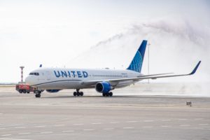 A United 767-300, like this one photographed on an inaugral Newark-Nice, France flight, encountered severe turbulence near Cancun, Mexico last year. Image: United