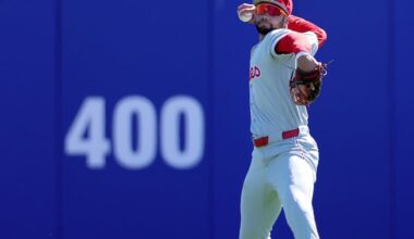 Phillies Justin Crawford fields a ball in center field against the Toronto Blue Jays in Saturday's spring training game in Dunedin, Fla