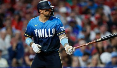 Phillies Nick Castellanos bats against the Atlanta Braves on Aug. 29, 2025, in Philadelphia.