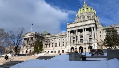 The west entrance to the Pennsylvania State Capitol at Third and State Streets in Harrisburg Feb. 3, 2026.
