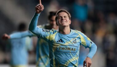 Cavan Sullivan celebrates his goal in the second half of the Union's Concacaf Champions Cup defeat of Trinidad's Defence Force at Subaru Park on Thursday.