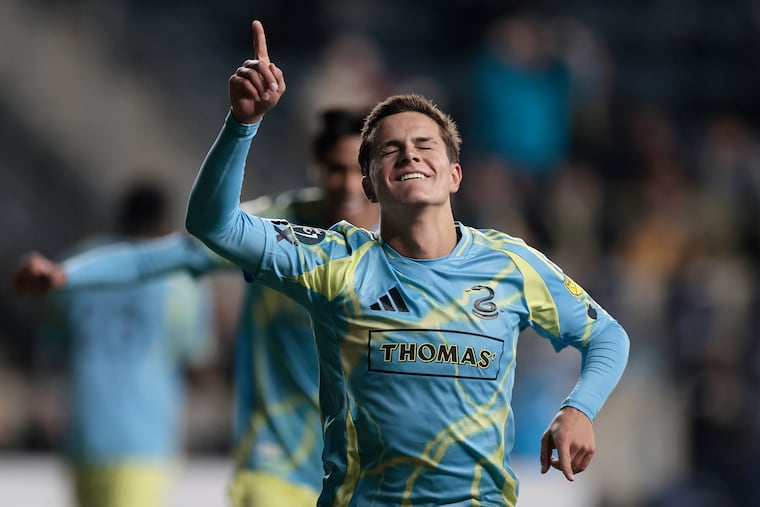 Cavan Sullivan celebrates his goal in the second half of the Union's Concacaf Champions Cup defeat of Trinidad's Defence Force at Subaru Park on Thursday.