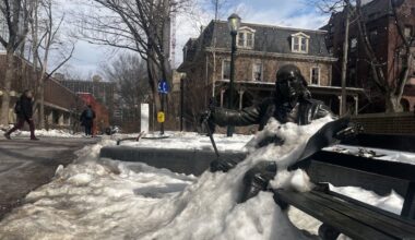 The statue of Ben Franklin on the University of Pennsylvania's campus, covered in snow on Wednesday, Feb. 11, 2026. Philadelphians are enjoying the warmer weather after weeks of freezing temps.