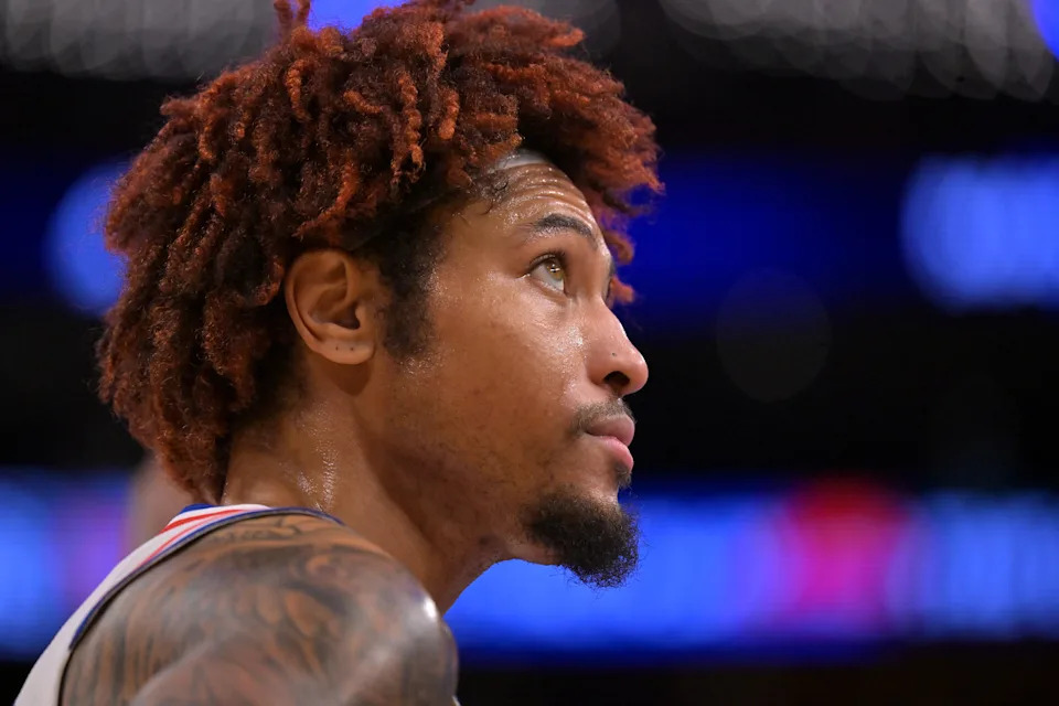 Feb 5, 2026; Los Angeles, California, USA; Philadelphia 76ers guard Kelly Oubre Jr. (9) looks on in the second half against the Los Angeles Lakers at Crypto.com Arena. Mandatory Credit: Jayne Kamin-Oncea-Imagn Images