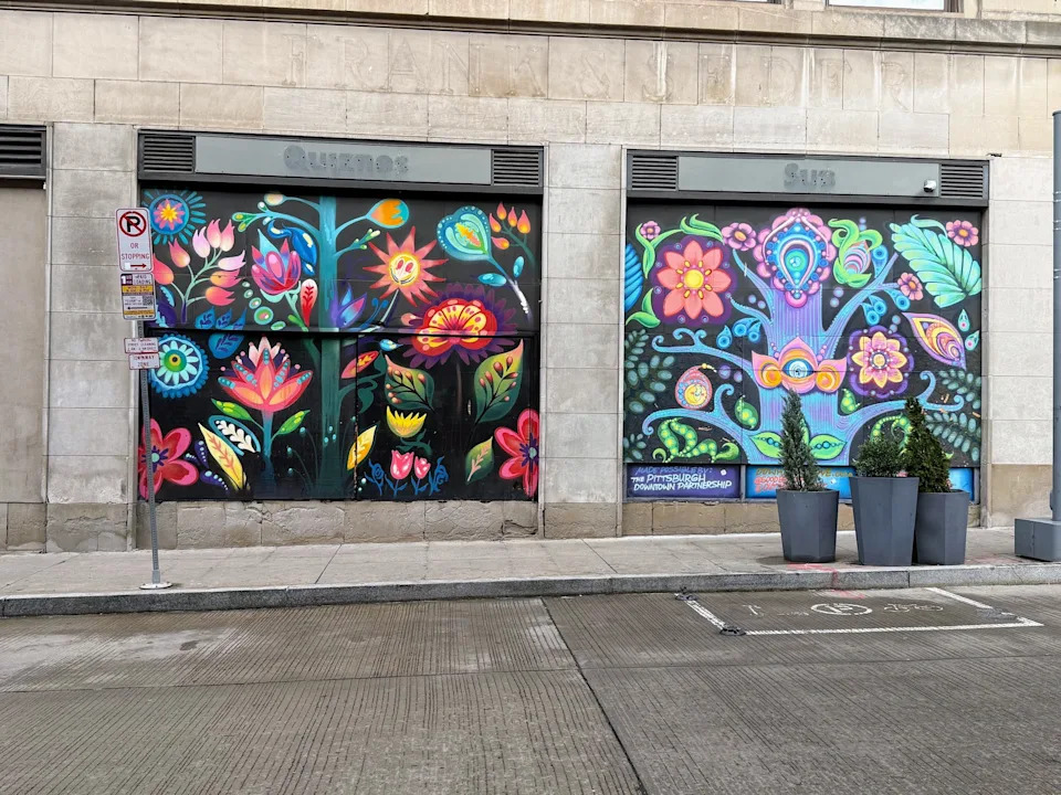An art display outside a former retail store at the corner of Smithfield Street and Forbes Avenue. The Pittsburgh Downtown Partnership is working to create more displays in other empty spaces throughout the Golden Triangle ahead of the NFL Draft in April.