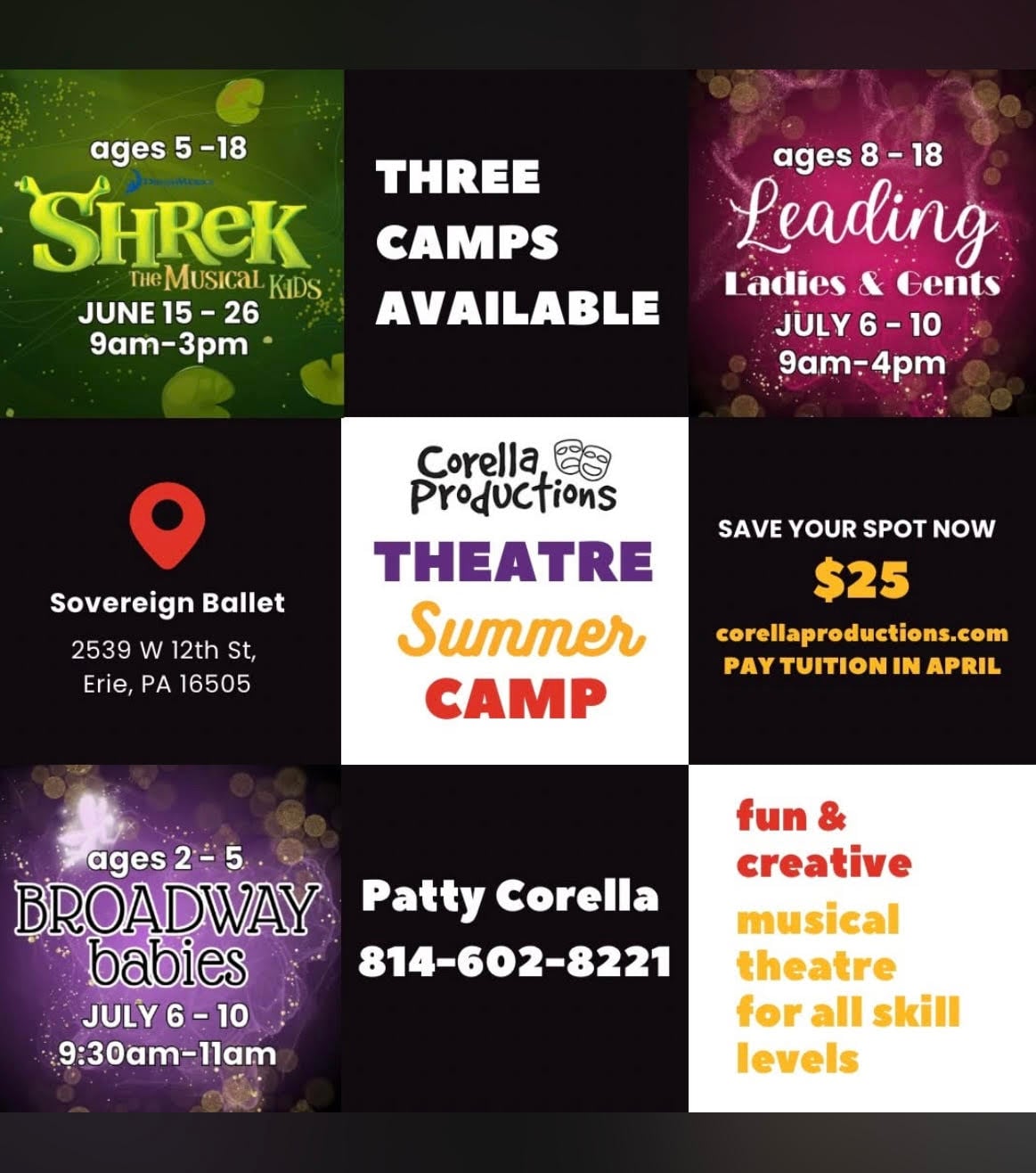 Corella Productions 2026 Summer Camps Erie PA