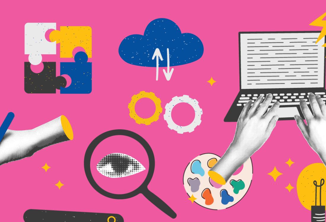 A composite image that includes a multi-colored puzzle, a cloud, gears, an eyeglass, a paint palate a lightbulb and hands typing on a keyboard.