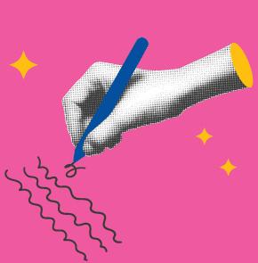 A composite image that includes a floating, armless hand writing with a pen on a pink background