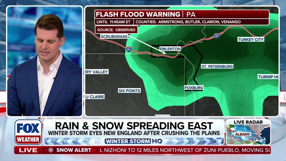 The National Weather Service (NWS) issued a flash flood warning for several Western Pennsylvania communities Friday morning after a major ice jam formed around a bend in the Allegheny River roughly from Emlenton to Foxburg, located some 60 miles north of Pittsburgh. The Emlenton Fire Department warned people who live along the river and other flood-prone areas to be ready to leave at a moment's notice. 