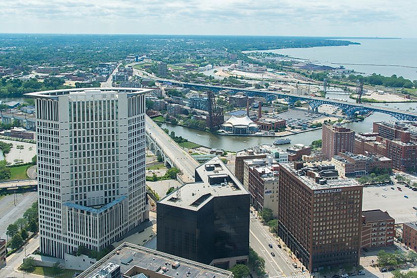 Overview of Cleveland, Ohio and Lake Erie. 
