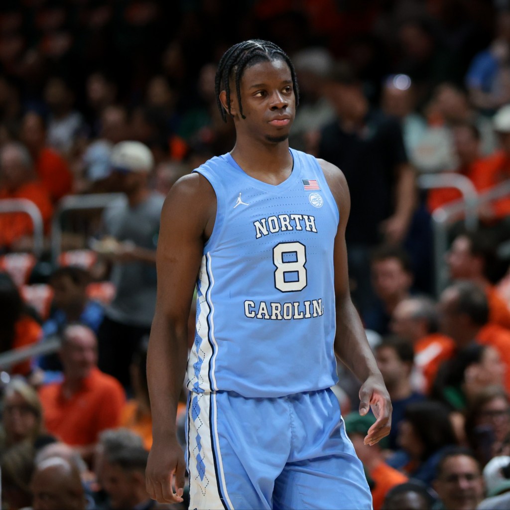 North Carolina Tar Heels forward Caleb Wilson (8) looks on against the Miami Hurricanes during the first half at Watsco Center.