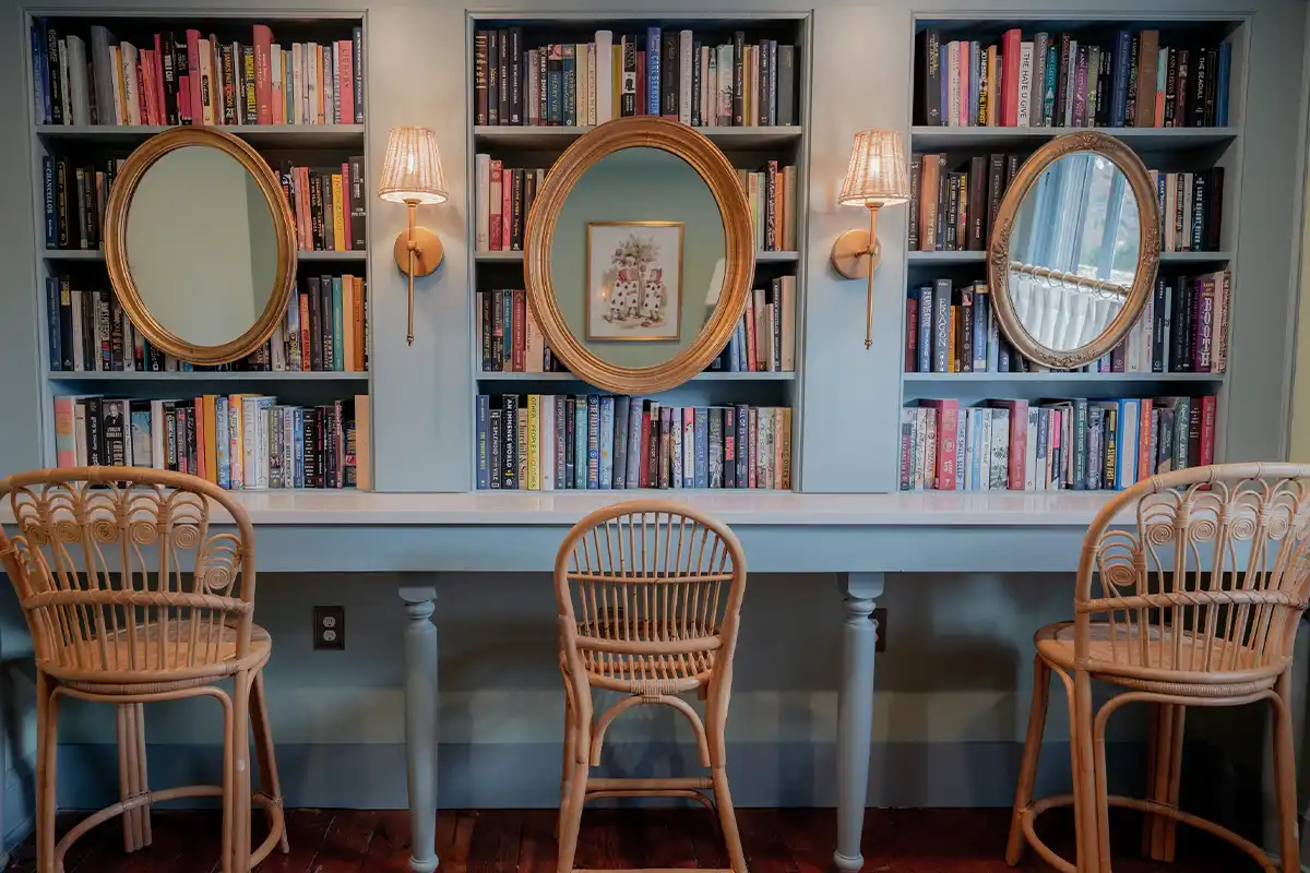built-in bookshelves with seating