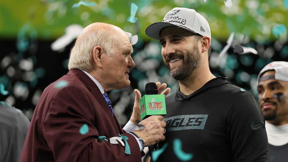 NEW ORLEANS, LOUISIANA - FEBRUARY 09: Terry Bradshaw interviews head coach Nick Sirianni of the Philadelphia Eagles during the trophy ceremony after Philadelphia beat the Kansas City Chiefs 40-22 to win Super Bowl LIX at Caesars Superdome on February 09, 2025 in New Orleans, Louisiana. (Photo by Jamie Squire/Getty Images)