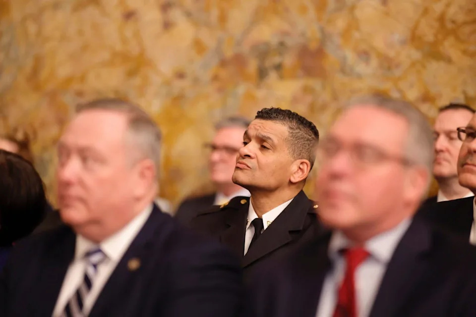Capt. Tom Lenox of the Erie Bureau of Police looks on as Gov. Josh Shapiro made his 2026-27 budget proposal before the General Assembly at the Capitol in Harrisburg, Pennsylvania, on Feb. 3.