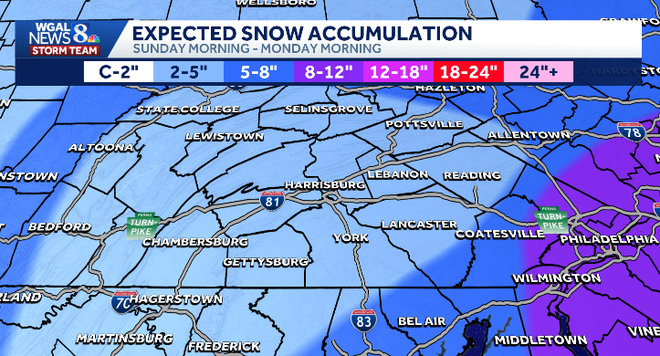 Several inches of snow, or more, are possible Sunday into early Monday across South-Central Pennsylvania as a winter storm develops off the Mid-Atlantic coast. Several inches of snow, or more, are possible Sunday into early Monday across South-Central Pennsylvania as a winter storm develops off the Mid-Atlantic coast.