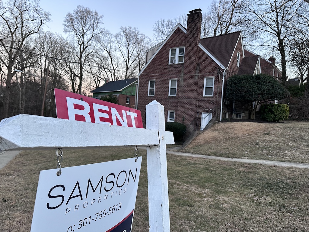 A sign lists a home for rent in Maryland. Municipal rental registries are gaining attention as cities try to get a handle on who owns rental properties and where, both to better understand their housing landscape and to ensure rentals are safe for tenants.
