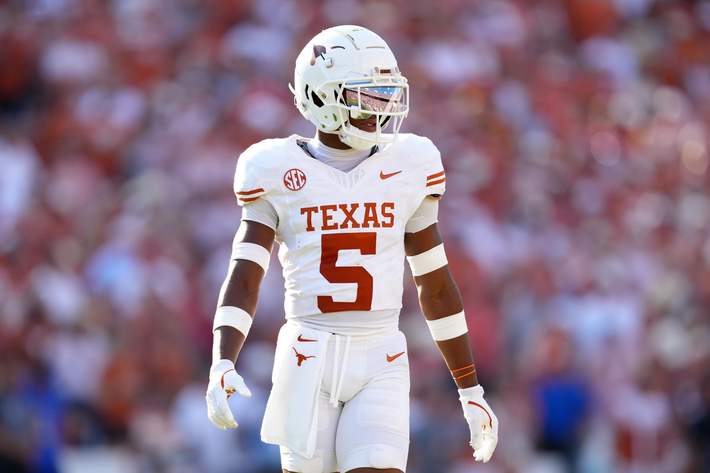 DALLAS, TEXAS - OCTOBER 12: Malik Muhammad #5 of the Texas Longhorns looks on during the second half O at Cotton Bowl Stadium on October 12, 2024 in Dallas, Texas. (Photo by Sam Hodde/Getty Images)