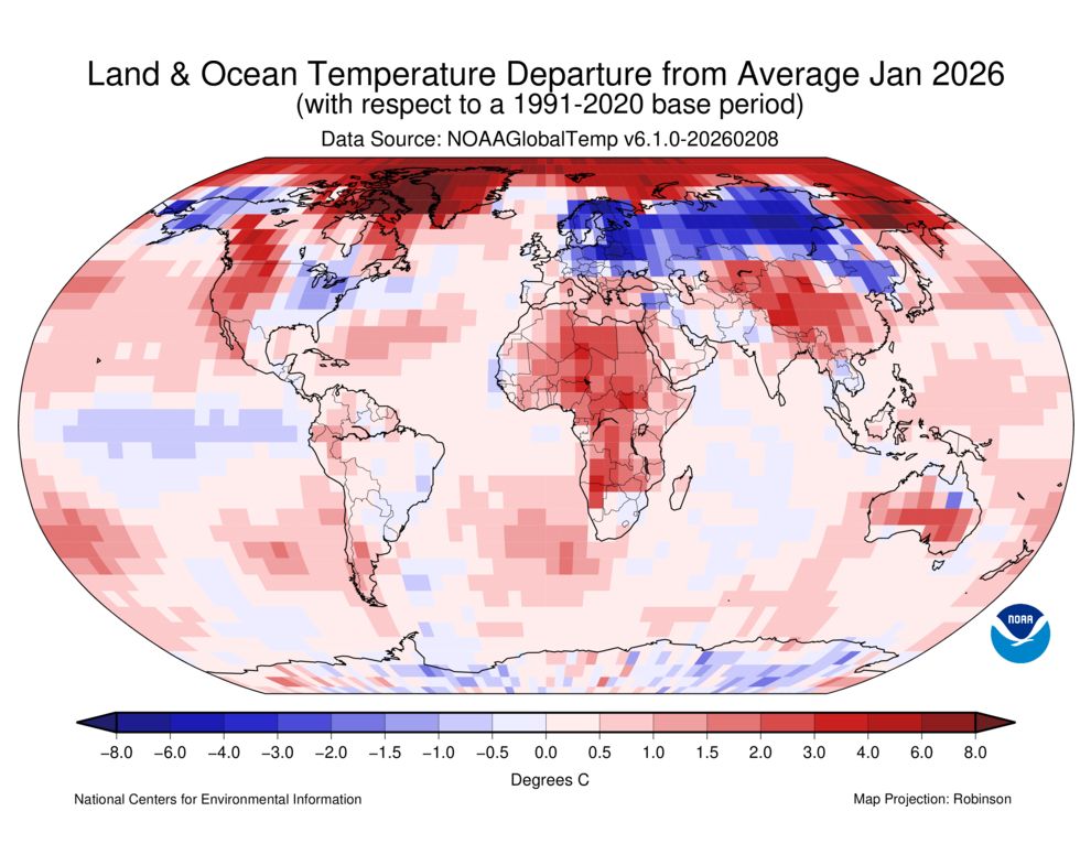 Land and Ocean Temperature Departure from Average for January 2026