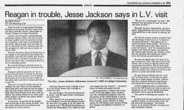 Coverage of Jesse Jackson's visit to Lehigh University in November 1986 from The Morning Call archives.