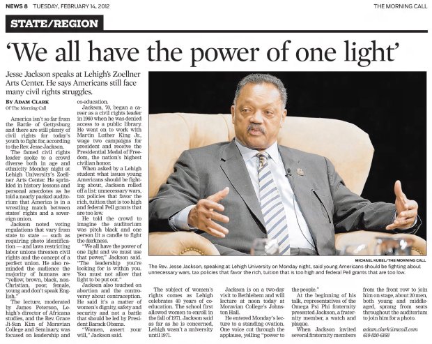 Coverage of Jesse Jackson's visit to Lehigh University in February 2012 from The Morning Call archives.