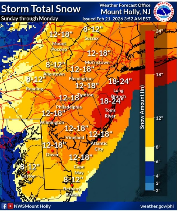 Latest snowfall projections from the National Weather Service in Mount Holly, New Jersey.