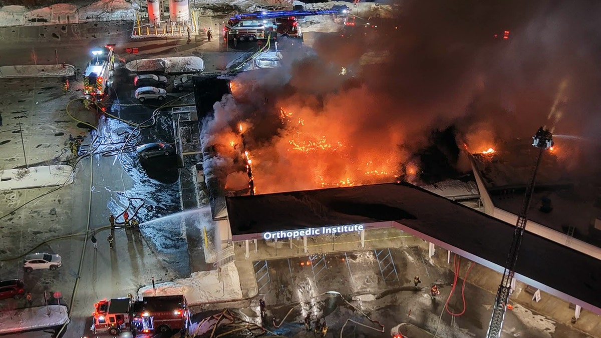 An overhead view of the Lehigh Valley Hospital on fire.