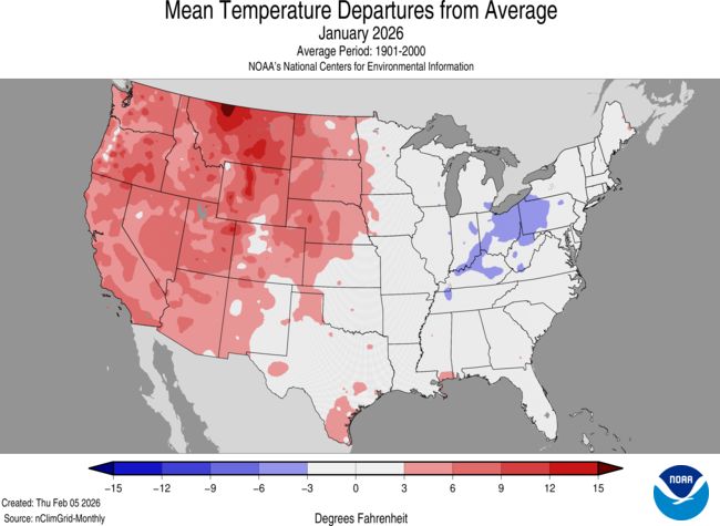 Mean Temperature Departures from Average for the United States