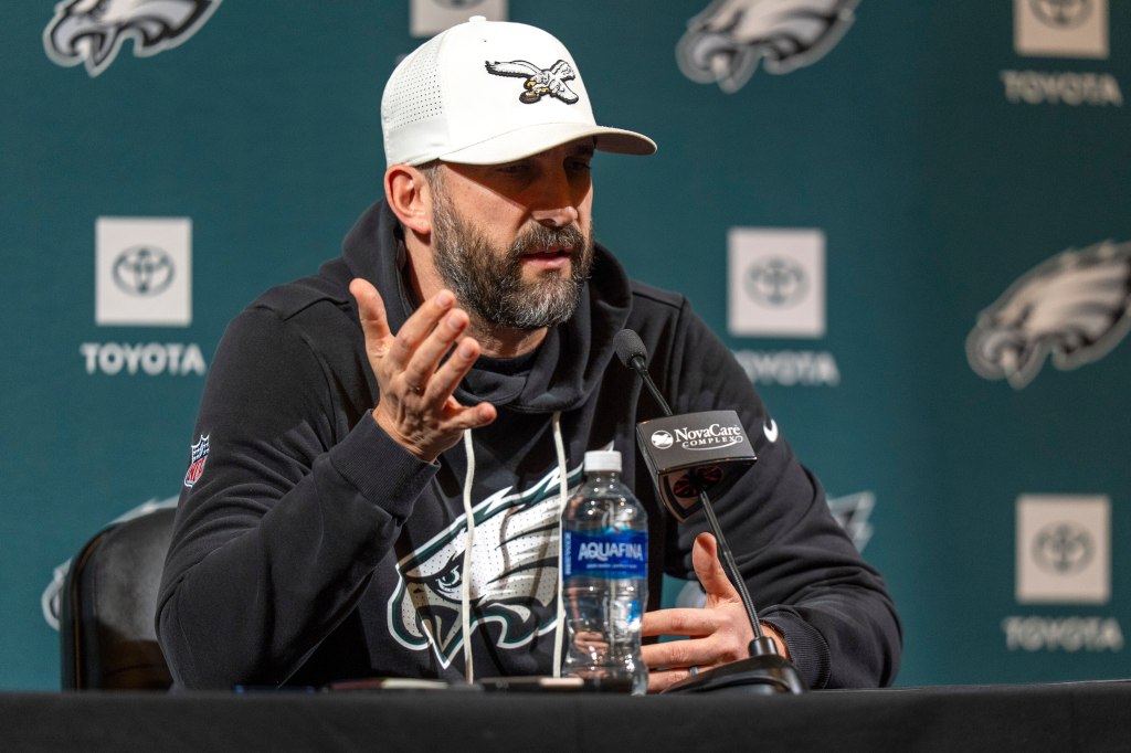 Philadelphia Eagles coach Nick Sirianni speaking at a press conference.