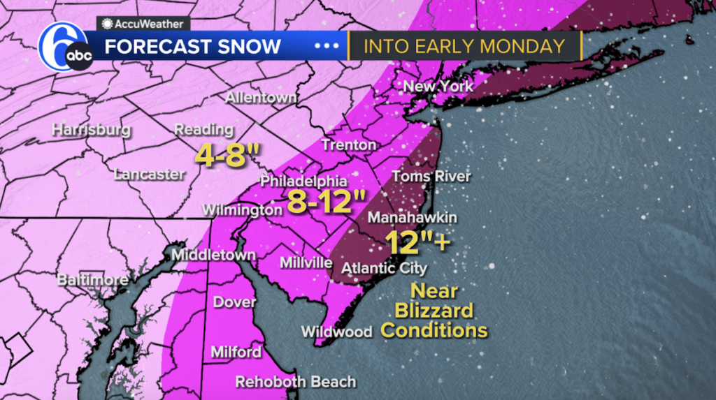 A forecast map shows the Philadelphia region may see between 8-12 inches of snow from an incoming storm