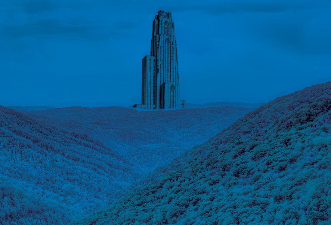 A composite image of Pitt's Cathedral of Learning amidst rolling hills