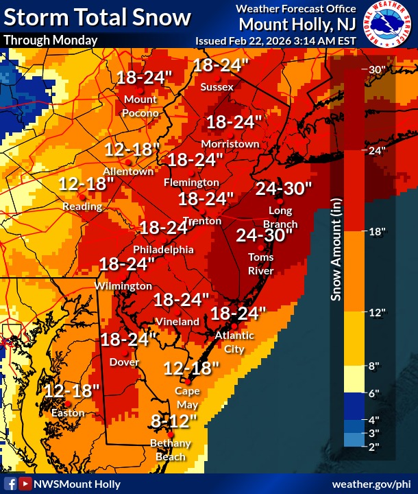 The latest snowfall projections from the National Weather Service in Mount Holly, New Jersey.
