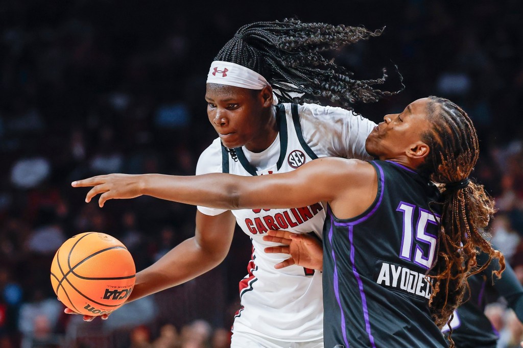 South Carolina center Madina Okot drives against Grand Canyon forward Favor Ayodele.