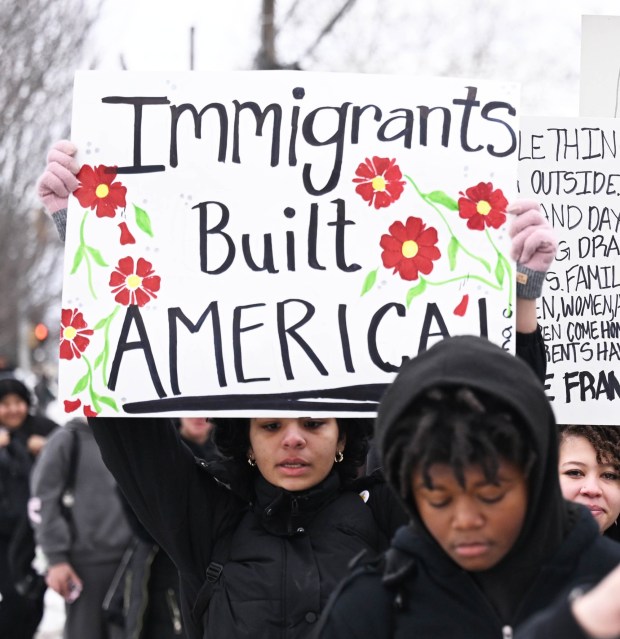 Allen High School students conduct a peaceful walkout Thursday, Feb. 12, 2026, to protest Immigration and Customs Enforcement. The students marched more than a mile from the school to Allentown Public Library and then PPL Center in downtown Allentown.  (Amy Shortell/The Morning Call)