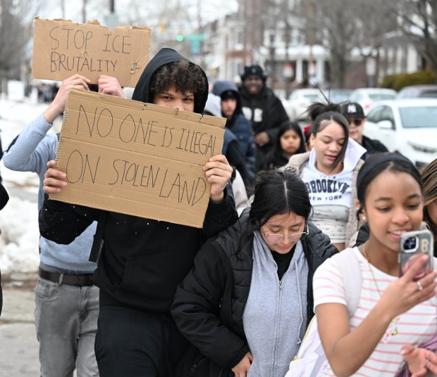 Allen High School students conduct a peaceful walkout Thursday, Feb. 12, 2026, to protest Immigration and Customs Enforcement. The students marched more than a mile from the school to Allentown Public Library and then PPL Center in downtown Allentown.  (Amy Shortell/The Morning Call)