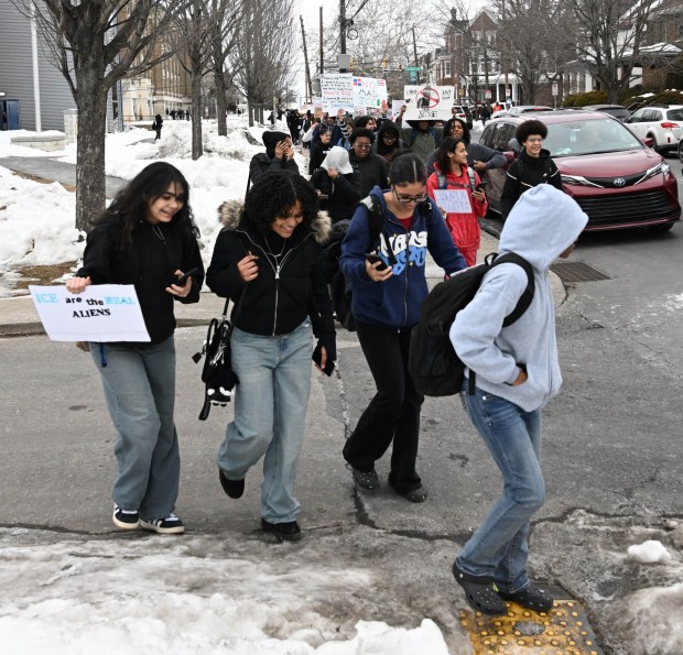 Allen High School students conduct a peaceful walkout Thursday, Feb. 12, 2026, to protest Immigration and Customs Enforcement. The students marched more than a mile from the school to Allentown Public Library and then PPL Center in downtown Allentown.  (Amy Shortell/The Morning Call)