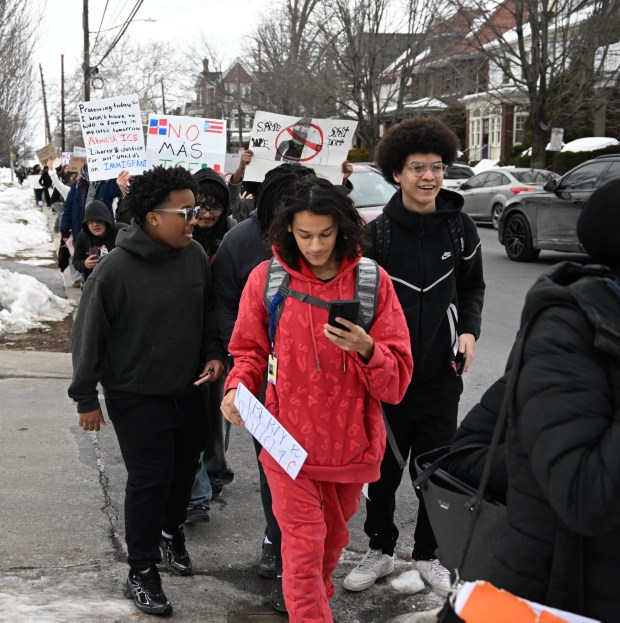 Allen High School students conduct a peaceful walkout Thursday, Feb. 12, 2026, to protest Immigration and Customs Enforcement. The students marched more than a mile from the school to Allentown Public Library and then PPL Center in downtown Allentown.  (Amy Shortell/The Morning Call)