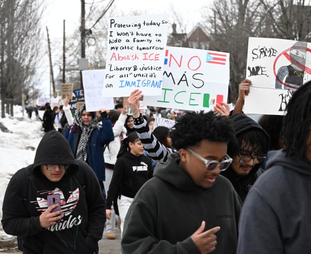 Allen High School students conduct a peaceful walkout Thursday, Feb. 12, 2026, to protest Immigration and Customs Enforcement. The students marched more than a mile from the school to Allentown Public Library and then PPL Center in downtown Allentown.  (Amy Shortell/The Morning Call)