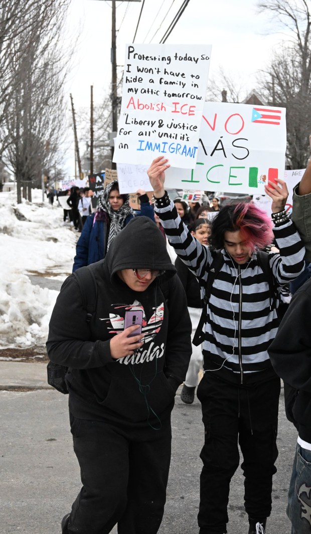 Allen High School students conduct a peaceful walkout Thursday, Feb. 12, 2026, to protest Immigration and Customs Enforcement. The students marched more than a mile from the school to Allentown Public Library and then PPL Center in downtown Allentown.  (Amy Shortell/The Morning Call)