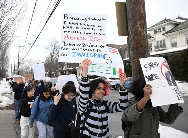 Allen High School students conduct a peaceful walkout Thursday, Feb. 12, 2026, to protest Immigration and Customs Enforcement. The students marched more than a mile from the school to Allentown Public Library and then PPL Center in downtown Allentown.  (Amy Shortell/The Morning Call)