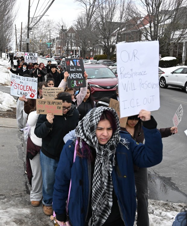 Allen High School students conduct a peaceful walkout Thursday, Feb. 12, 2026, to protest Immigration and Customs Enforcement. The students marched more than a mile from the school to Allentown Public Library and then PPL Center in downtown Allentown.  (Amy Shortell/The Morning Call)
