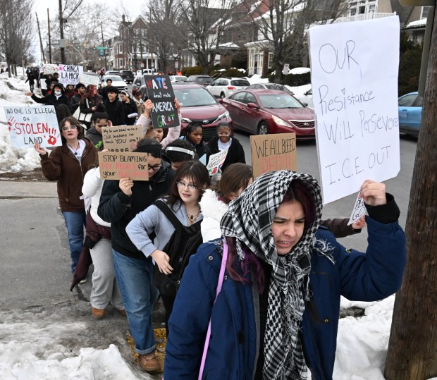 Allen High School students conduct a peaceful walkout Thursday, Feb. 12, 2026, to protest Immigration and Customs Enforcement. The students marched more than a mile from the school to Allentown Public Library and then PPL Center in downtown Allentown.  (Amy Shortell/The Morning Call)