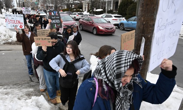 Allen High School students conduct a peaceful walkout Thursday, Feb. 12, 2026, to protest Immigration and Customs Enforcement. The students marched more than a mile from the school to Allentown Public Library and then PPL Center in downtown Allentown.  (Amy Shortell/The Morning Call)