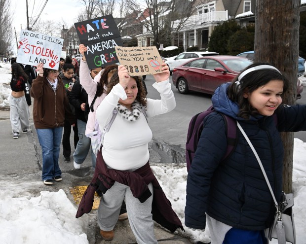 Allen High School students conduct a peaceful walkout Thursday, Feb. 12, 2026, to protest Immigration and Customs Enforcement. The students marched more than a mile from the school to Allentown Public Library and then PPL Center in downtown Allentown.  (Amy Shortell/The Morning Call)