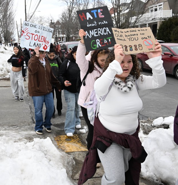 Allen High School students conduct a peaceful walkout Thursday, Feb. 12, 2026, to protest Immigration and Customs Enforcement. The students marched more than a mile from the school to Allentown Public Library and then PPL Center in downtown Allentown.  (Amy Shortell/The Morning Call)