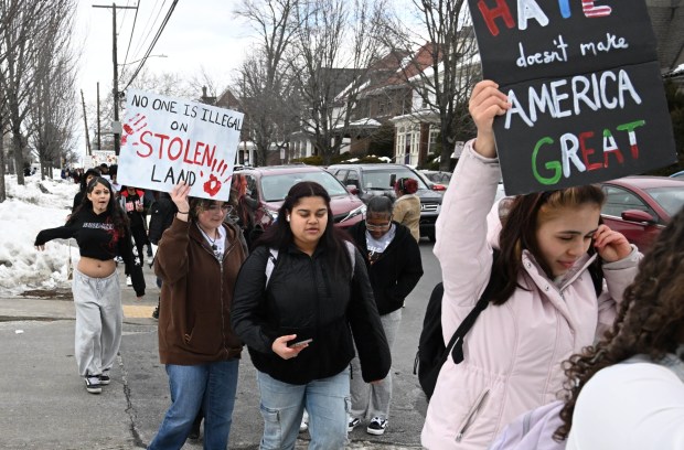 Allen High School students conduct a peaceful walkout Thursday, Feb. 12, 2026, to protest Immigration and Customs Enforcement. The students marched more than a mile from the school to Allentown Public Library and then PPL Center in downtown Allentown.  (Amy Shortell/The Morning Call)