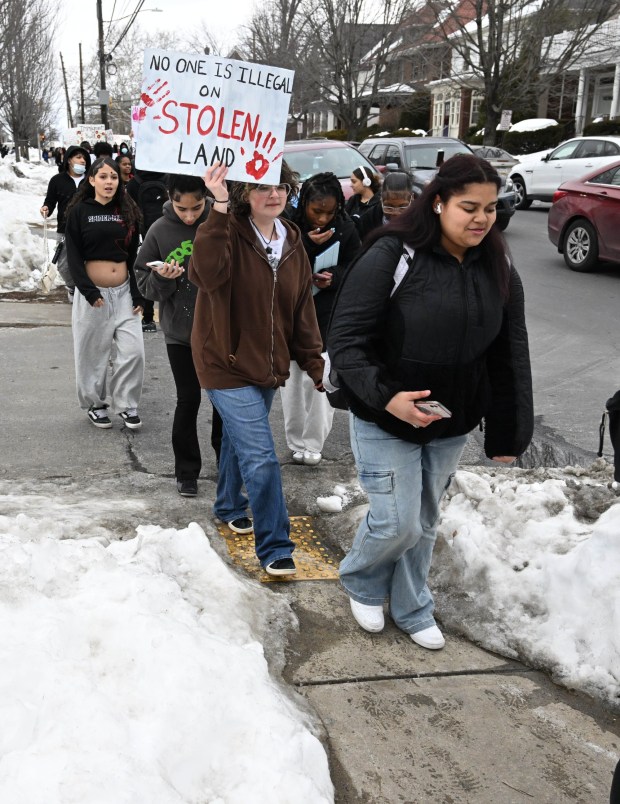 Allen High School students conduct a peaceful walkout Thursday, Feb. 12, 2026, to protest Immigration and Customs Enforcement. The students marched more than a mile from the school to Allentown Public Library and then PPL Center in downtown Allentown.  (Amy Shortell/The Morning Call)