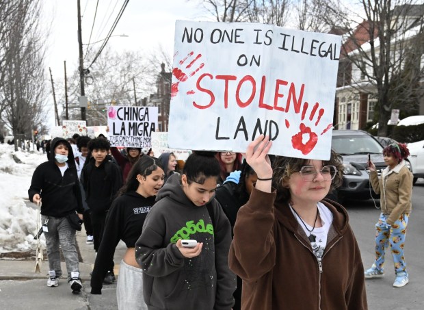 Allen High School students conduct a peaceful walkout Thursday, Feb. 12, 2026, to protest Immigration and Customs Enforcement. The students marched more than a mile from the school to Allentown Public Library and then PPL Center in downtown Allentown.  (Amy Shortell/The Morning Call)
